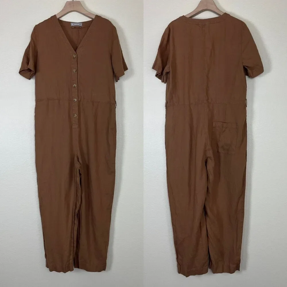 Everlane Women's Size 8 Camel Linen Straight Leg Cropped Jumpsuit Causal Minimal